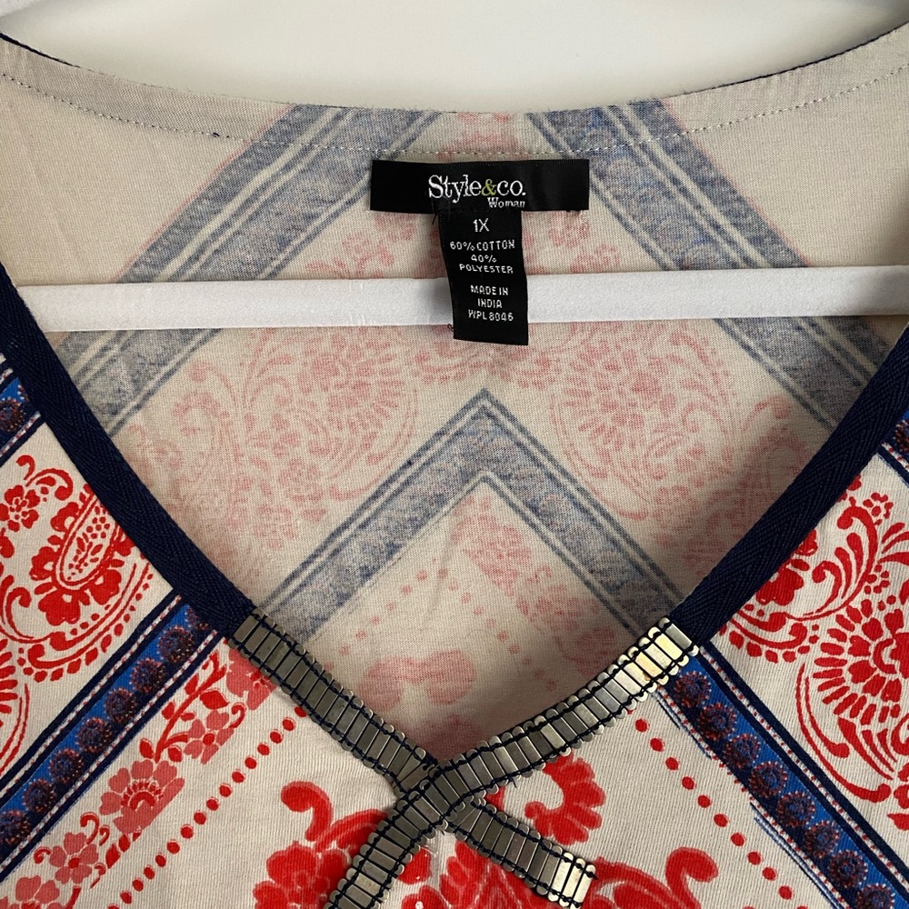 Style&com Asymmetrical Women's Sleeveless  Red/Tan Patterned Tribal Top tunic 1X - Picture 3 of 7